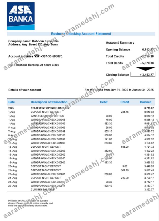 ASA Banka company checking account statement Word and PDF template